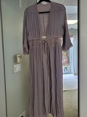Rebellion Dusty Mauve Crochet-Trim Long Open Cardigan